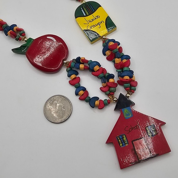 Vtg Handmade Wood Beaded 25" Necklace Schoolhouse Painted Teacher Gift Colorful - Picture 10 of 10